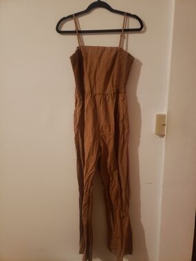 Sleeveless Smocked Tan Jumpsuit with Adjustable Straps